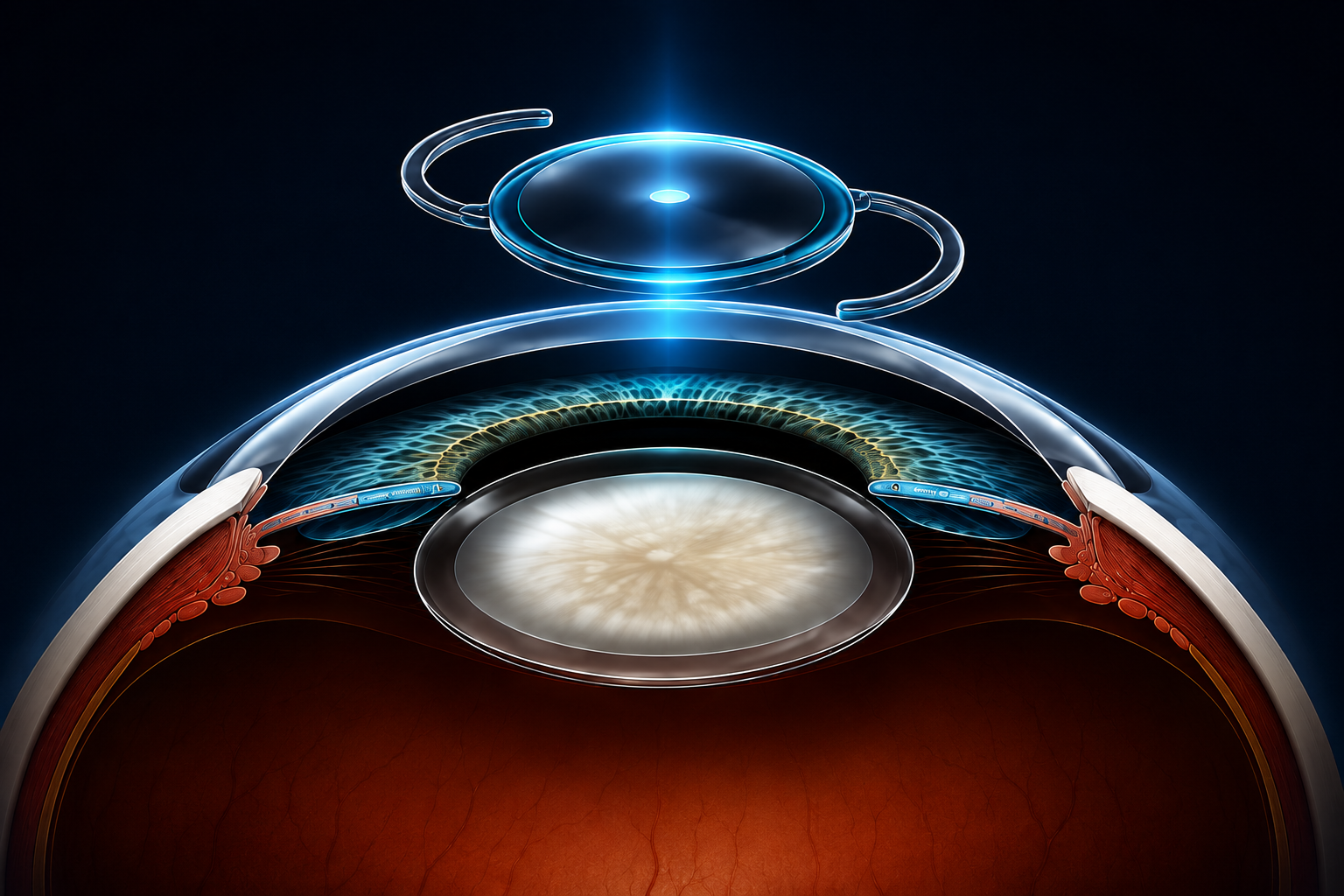 3D render of cataract eye cross section with ICL insertion