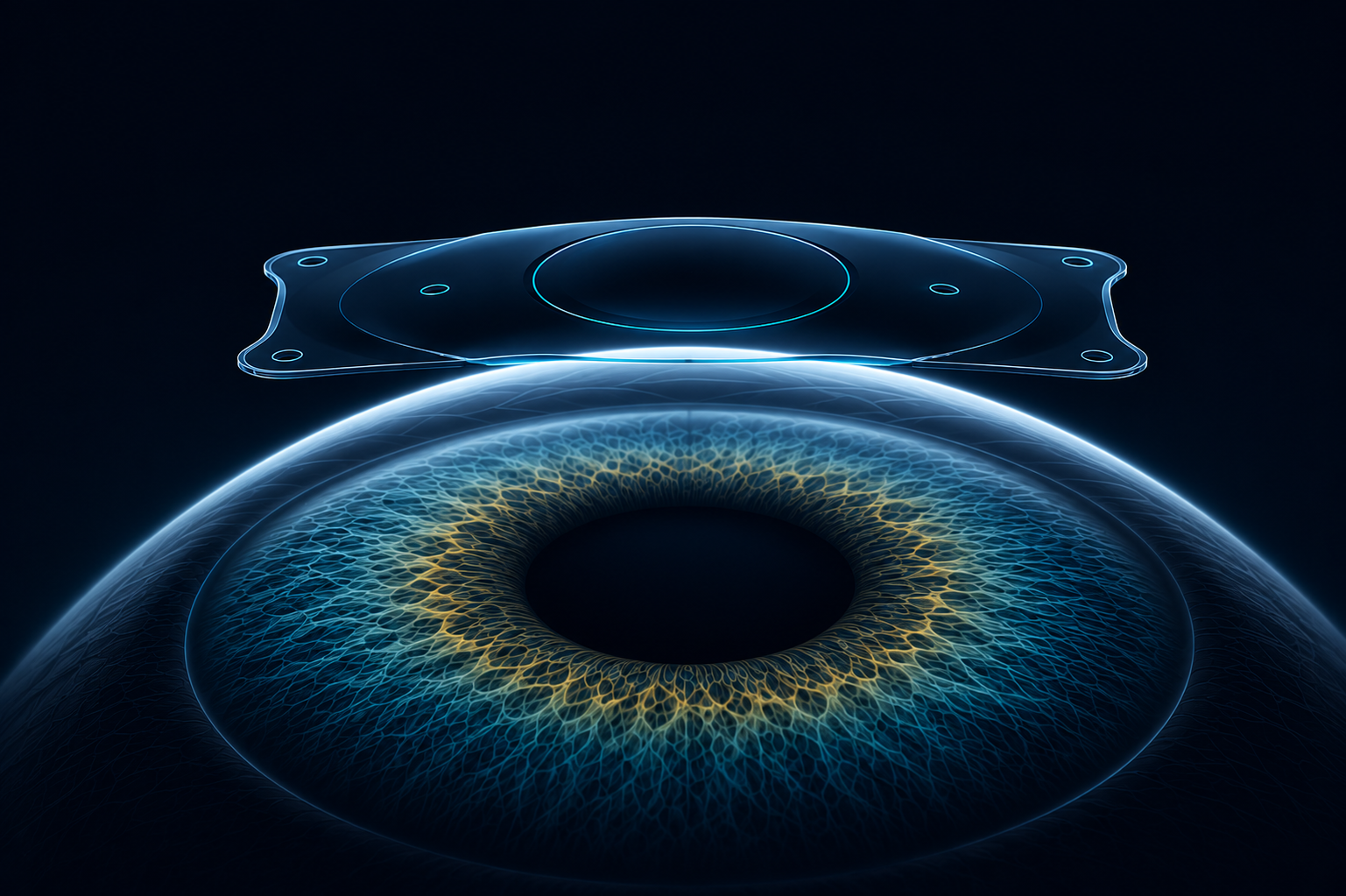 3D render of an ICL lens positioned above an eye iris