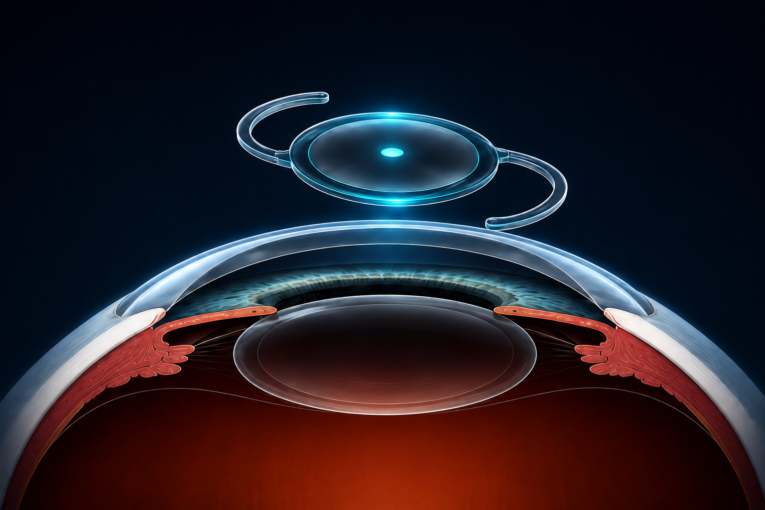 3D render of intraocular lens replacement inside eye